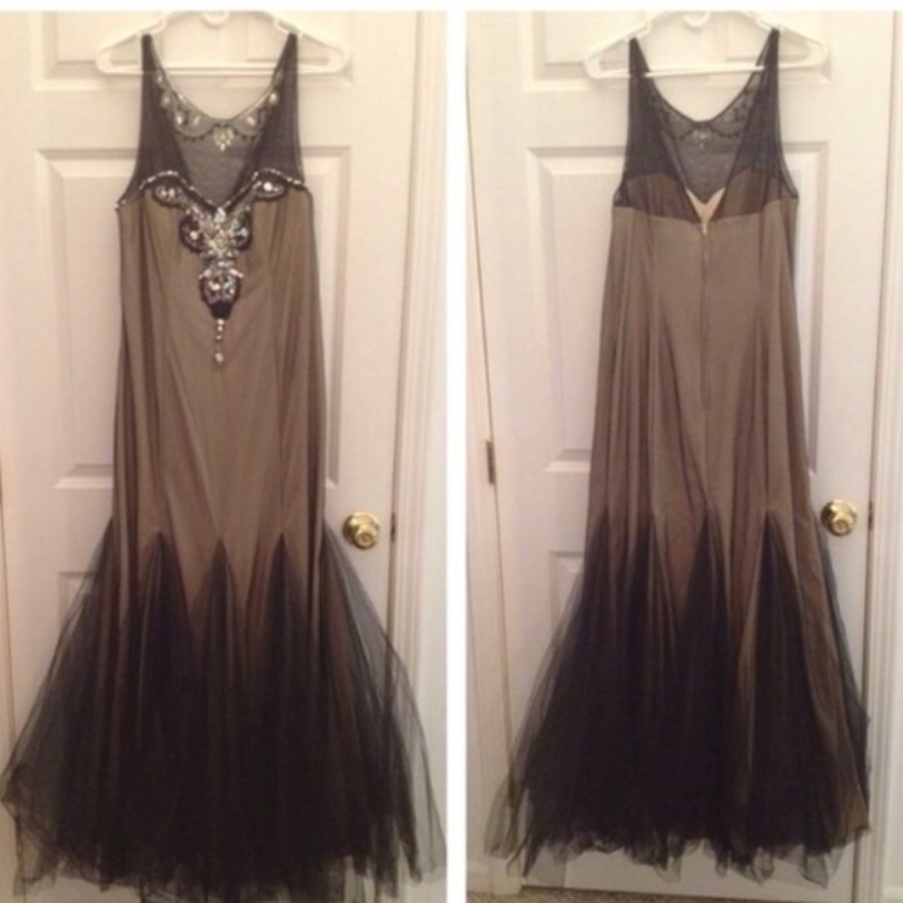 Nude and black tulle prom dress
